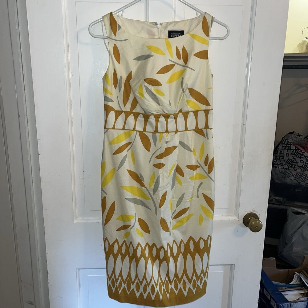 Adrianna Papell Women's Yellow Brown Sheath Dress 4 Classy Wedding Guest Preppy